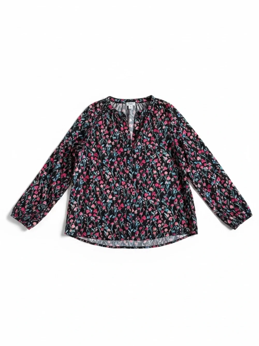 J. Crew Floral Boho Peasant Blouse Black Long Sleeve Lightweight Summer Top M